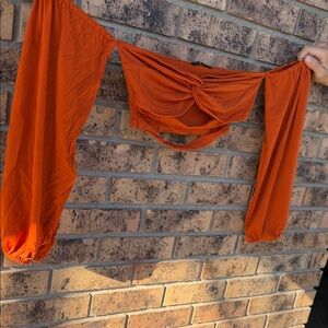 SHEIN Burnt Orange Off-Shoulder Twist Crop Top